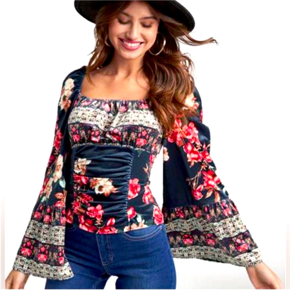 Venus Floral Velvet Bell Sleeved Top